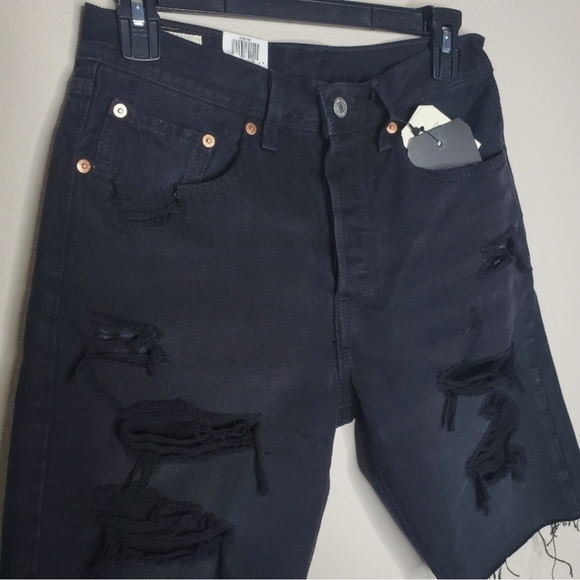 Free People X Levi's Black 501 High Rise Distressed Slouch Denim Jorts Shorts - Picture 5 of 11